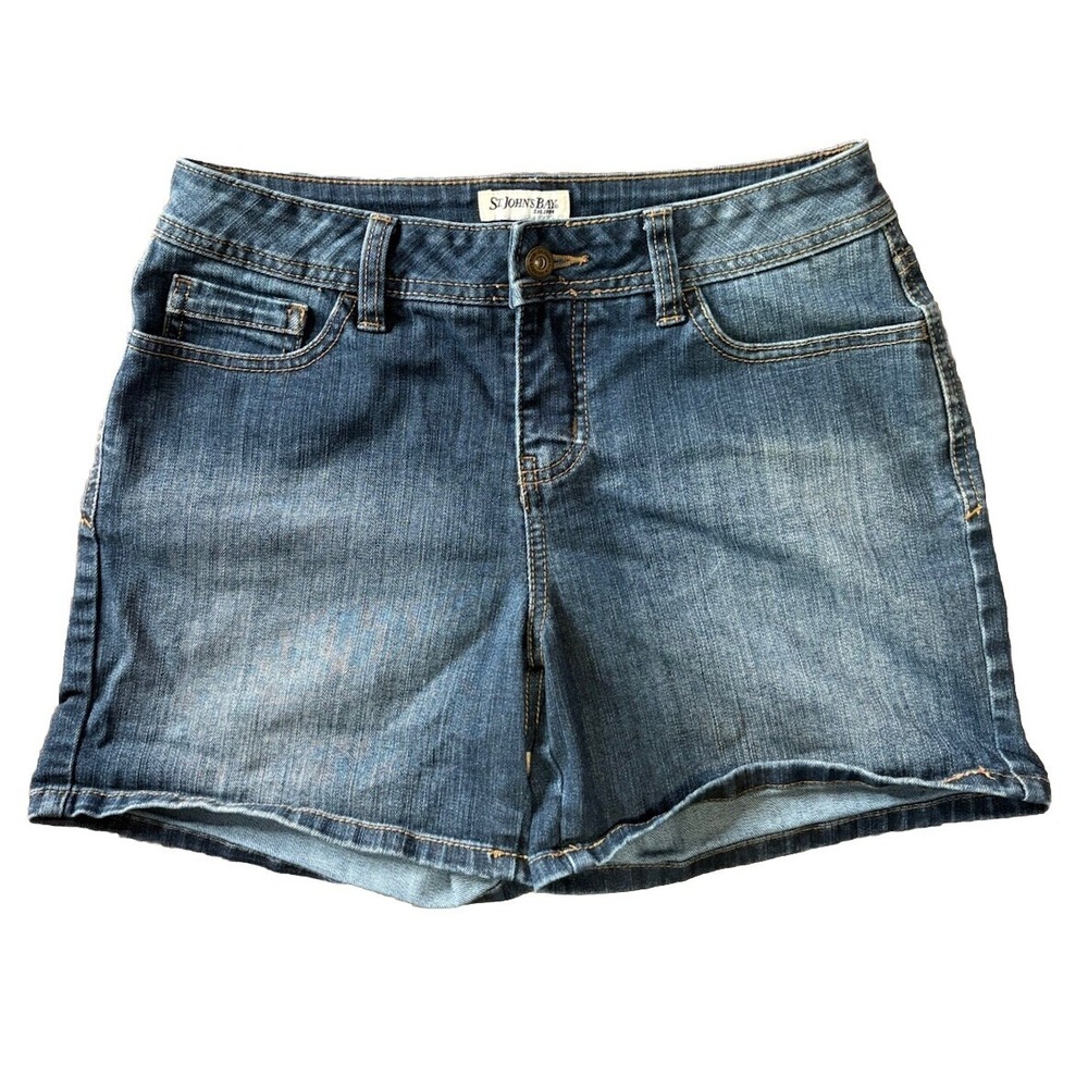 St Johns Bay Ladies Denim Shorts Size 4 Classic Cotton Blend Dark Stone Wash - Picture 1 of 12